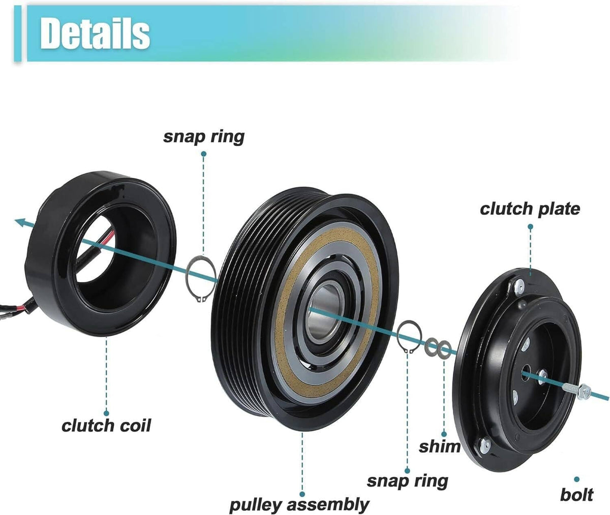 AC compressor clutch pulley assembly with clutch coil, snap rings, and clutch plate