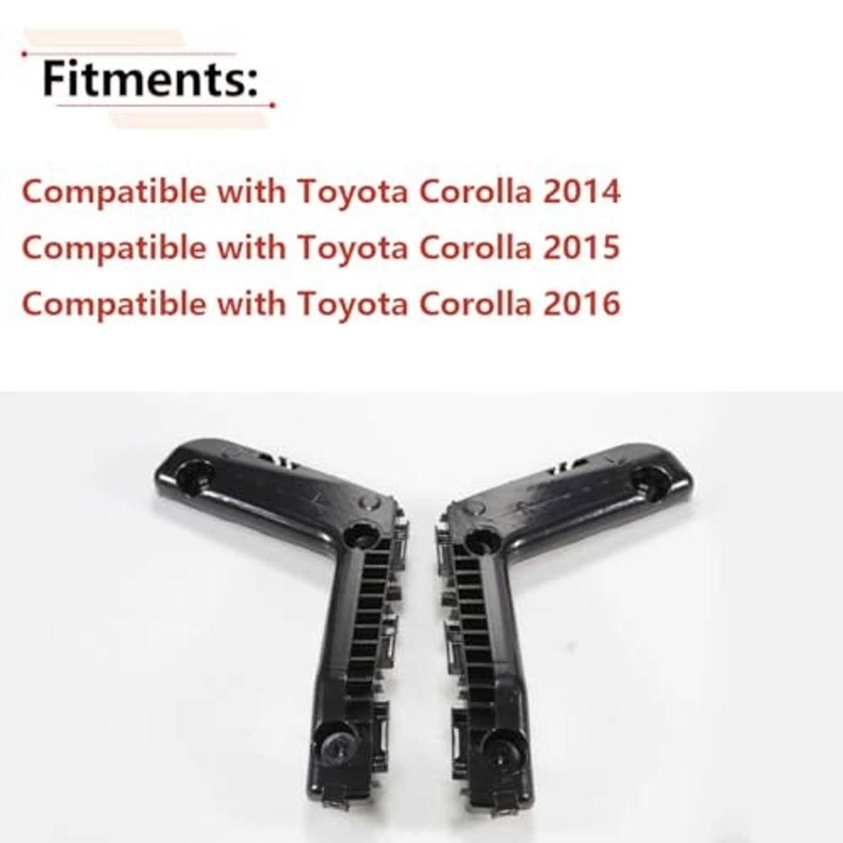 Pair of front bumper brackets, black plastic with inner channels and mounting tabs