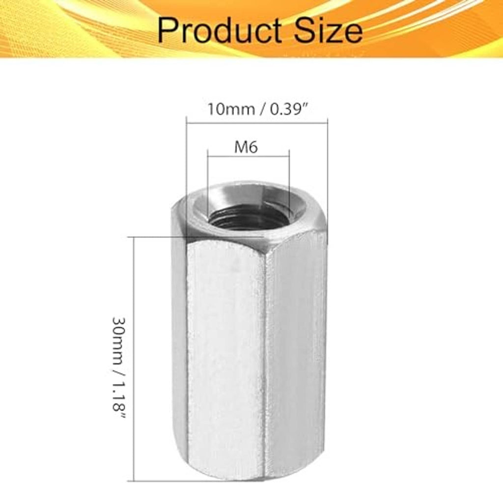 Stainless steel M6 hex coupling nut, cylindrical shape with internal threaded hole