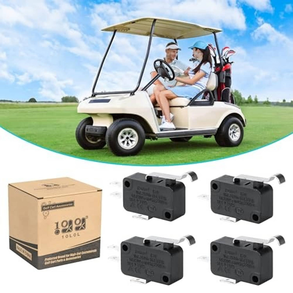 4-pack micro switches for golf carts, black plastic bodies with metal spade terminals