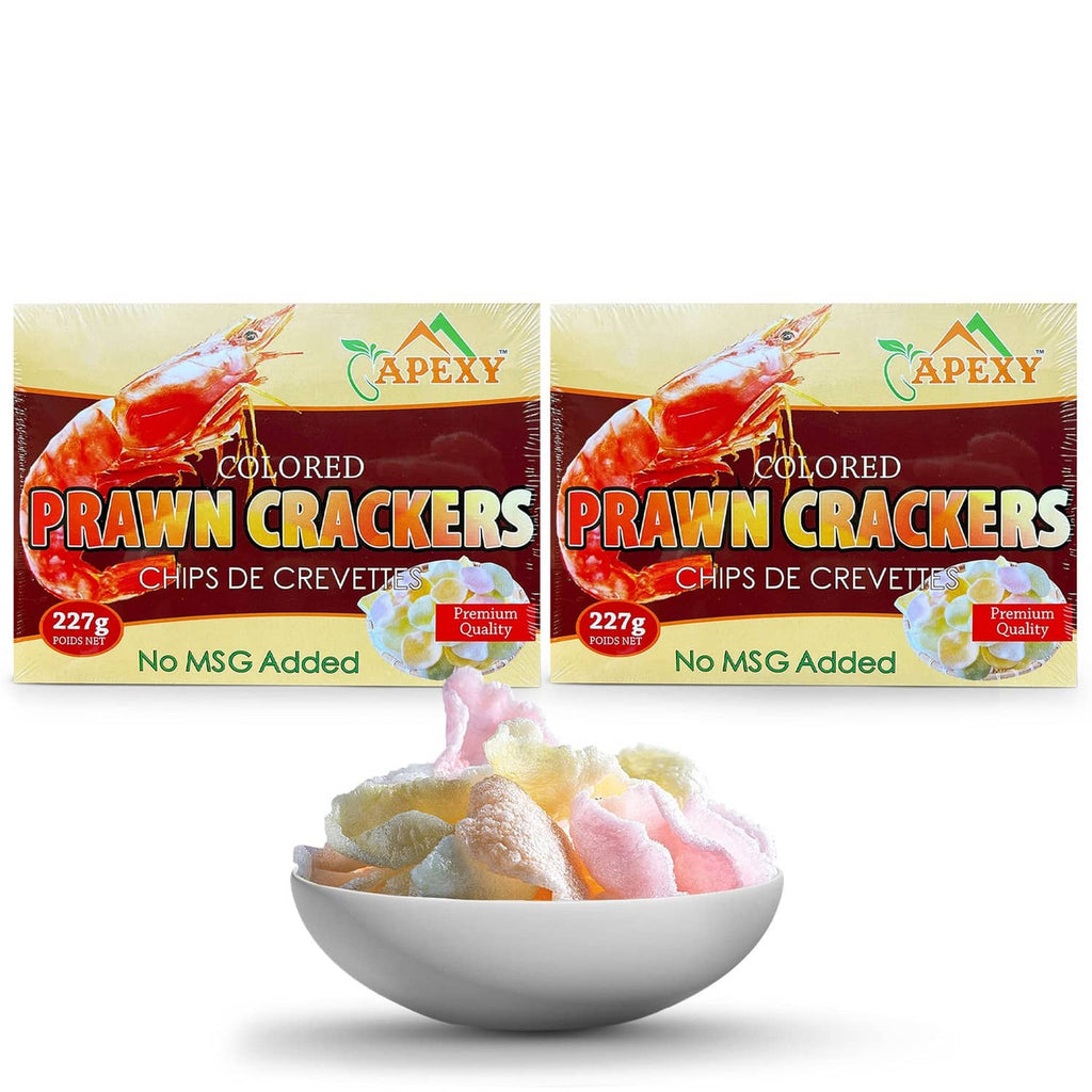 Apexy prawn crackers chips pack, white and colored varieties with bowl of chips