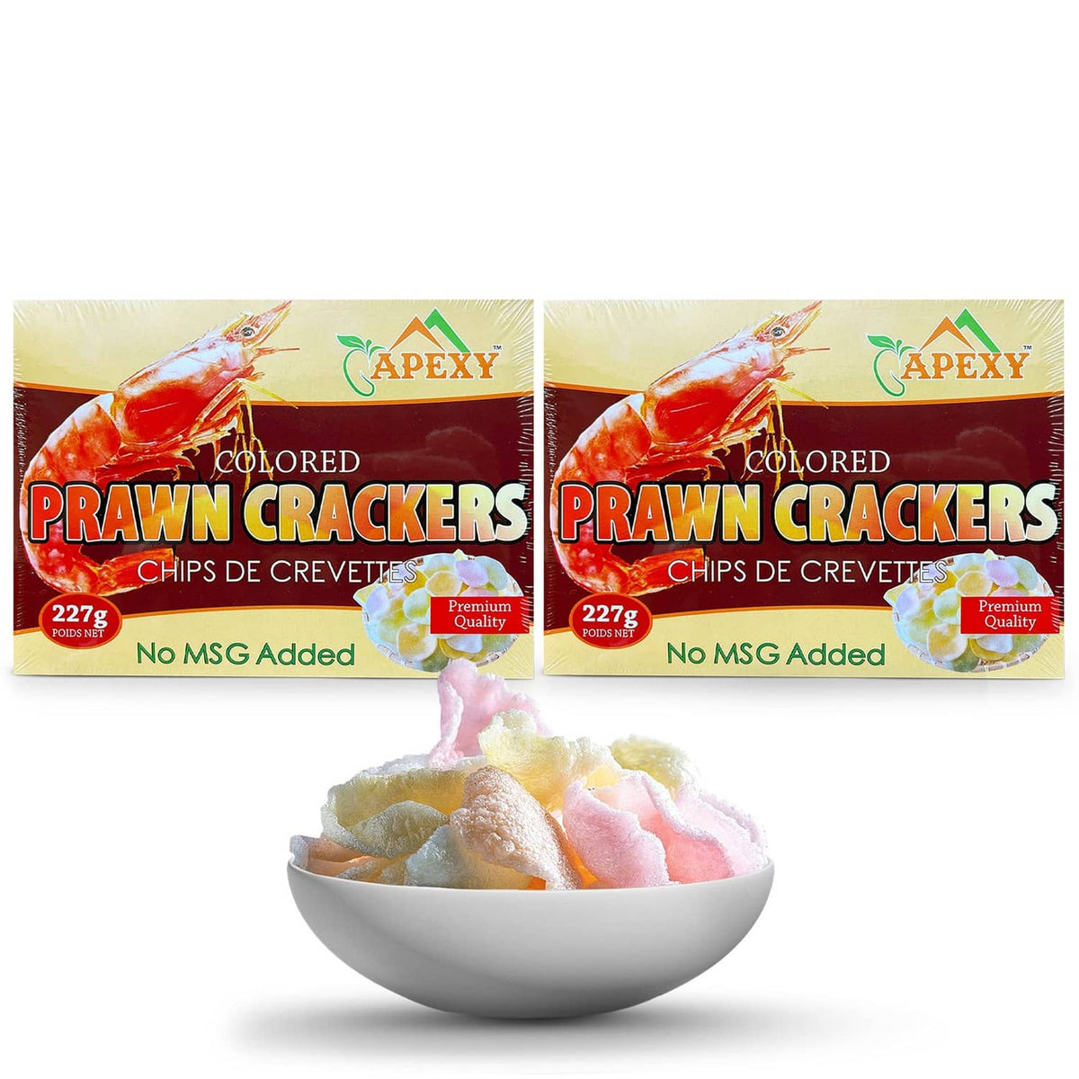 Apexy prawn crackers chips pack, white and colored varieties with bowl of chips