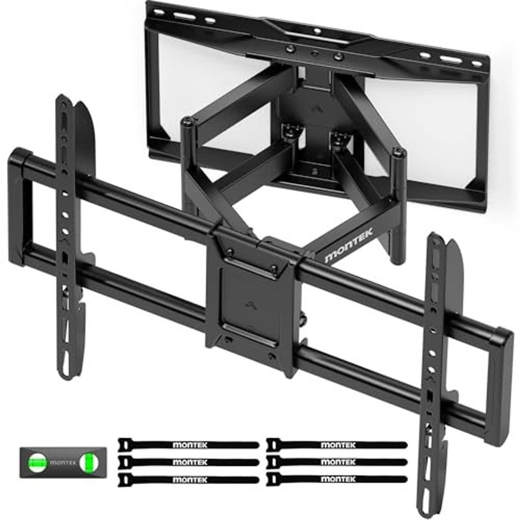 Black full-motion TV wall mount kit with extendable rail system and wall plates