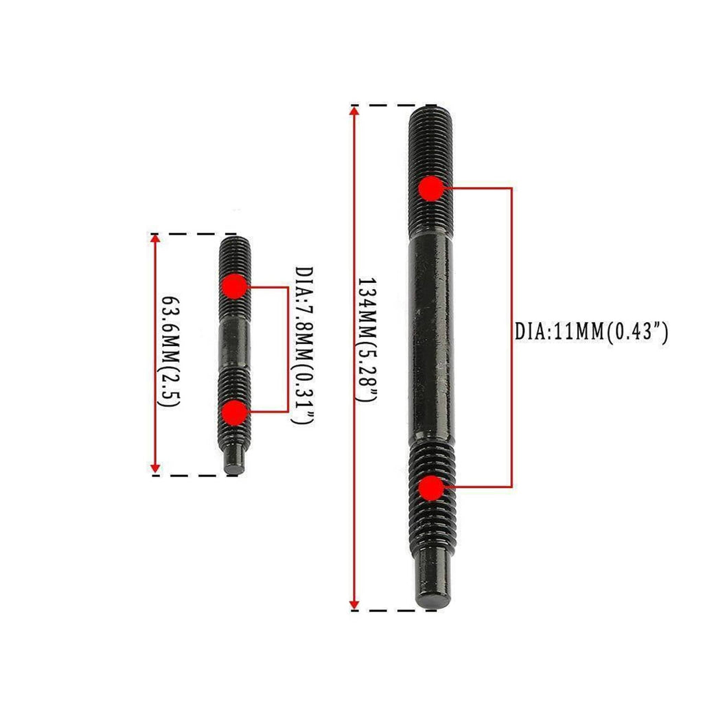 Black head stud bolt with measurement labels showing length and diameter specs