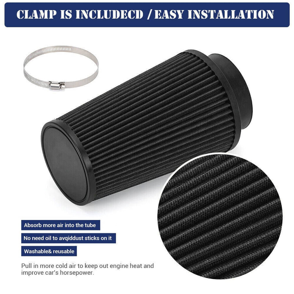 Cold air intake cone filter with pleated black media and included hose clamp