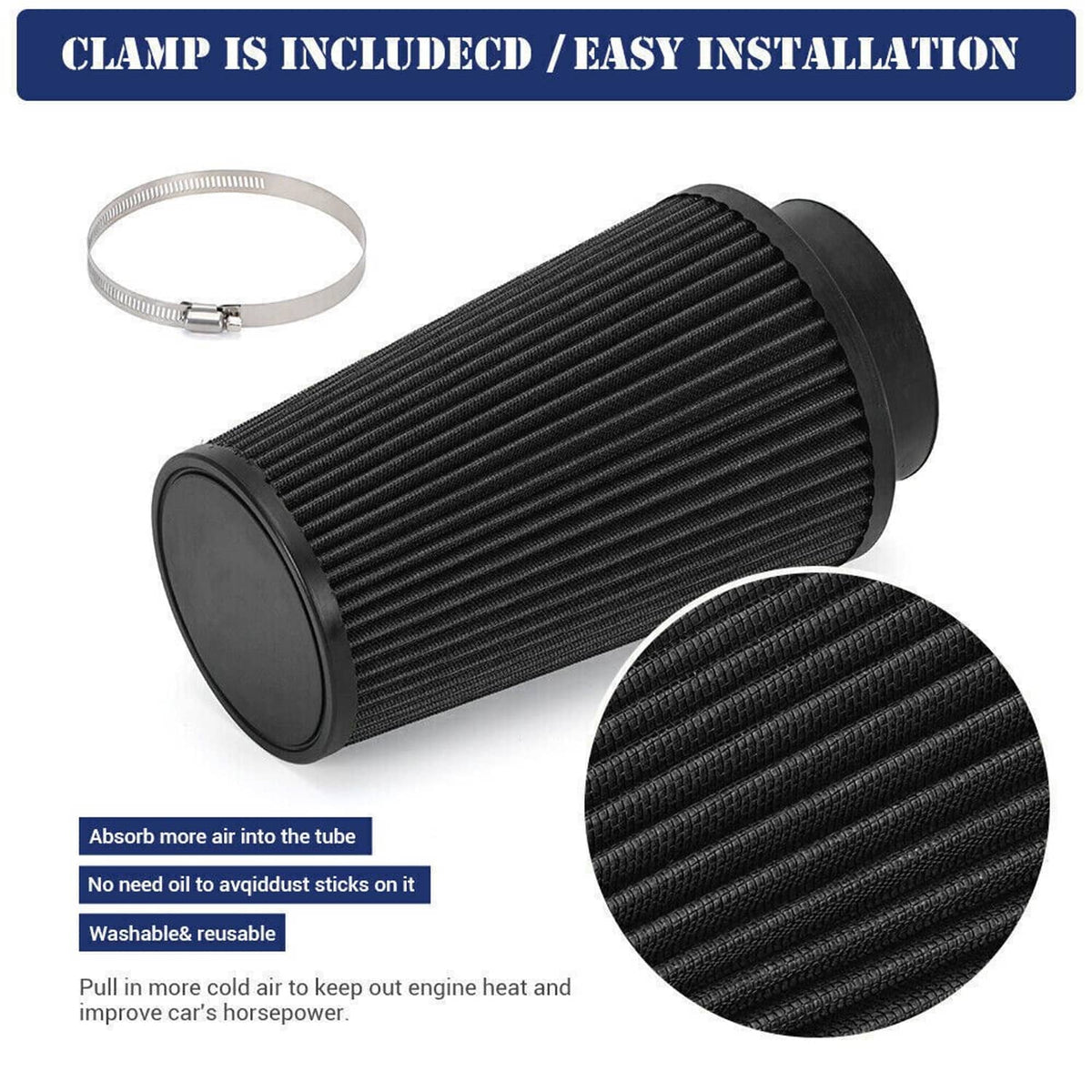 Cold air intake cone filter with pleated black media and included hose clamp