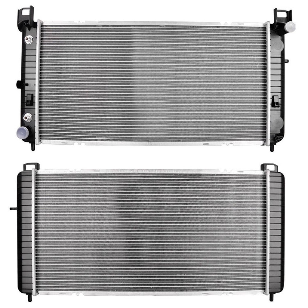 Radiator set showing two aluminum cooling cores with black side tanks