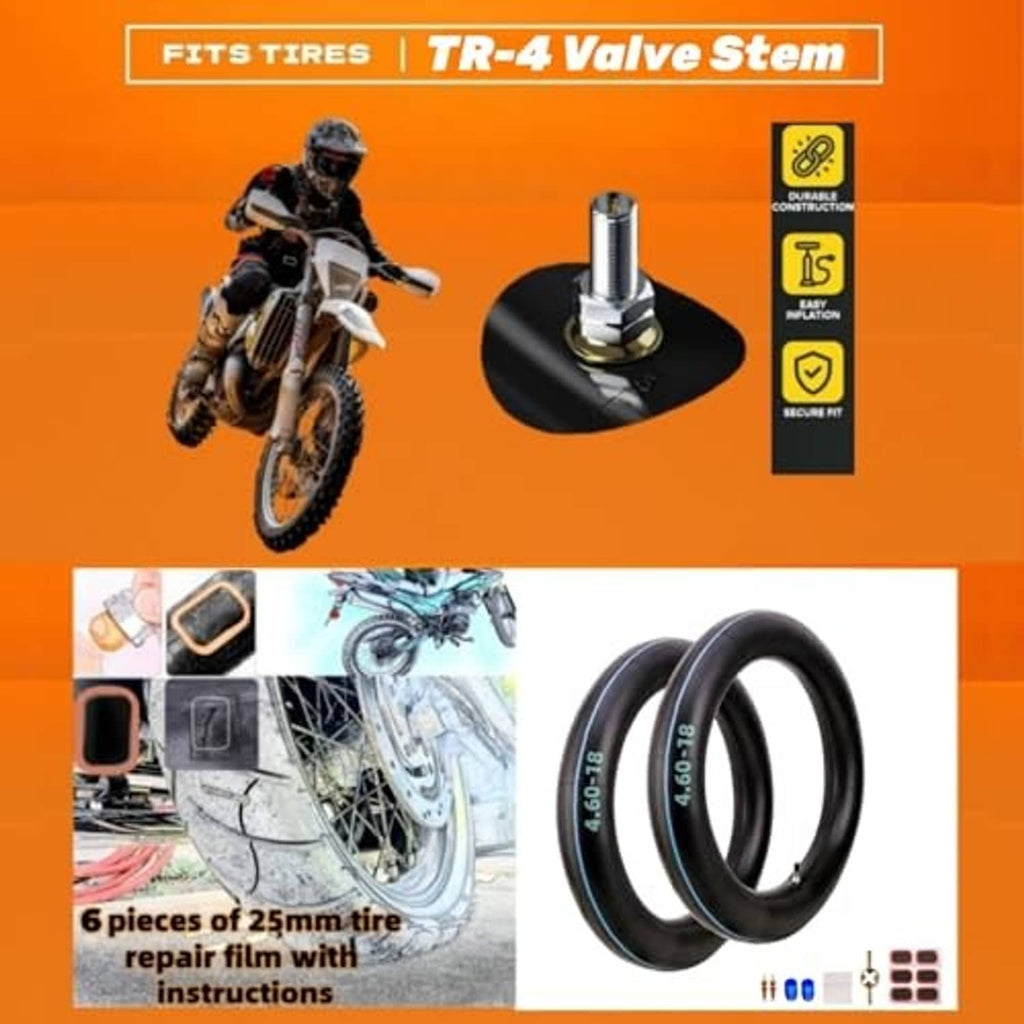 Dirt bike inner tube with valve stem, black rubber ring and blue 4.60-18 marking