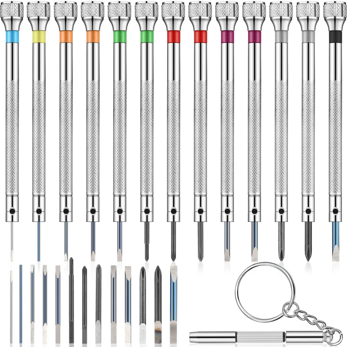 Micro precision jeweler screwdriver set, silver shafts with colored grips and keychain ring