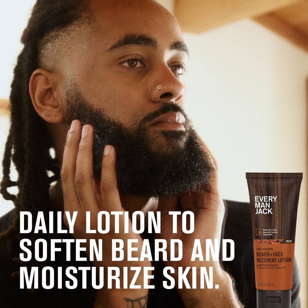 Beard-and-face recovery lotion tube near a bearded man’s face