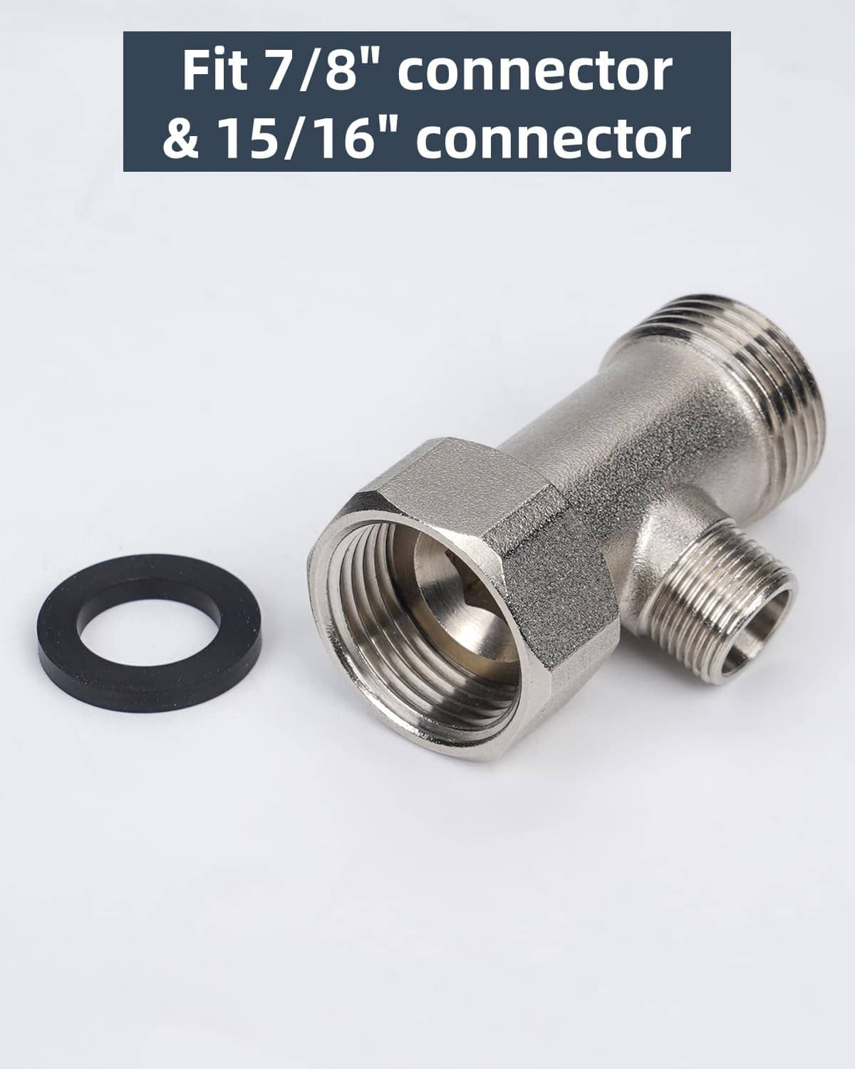 Bidet T-adapter with two threaded connectors and black gasket washer included