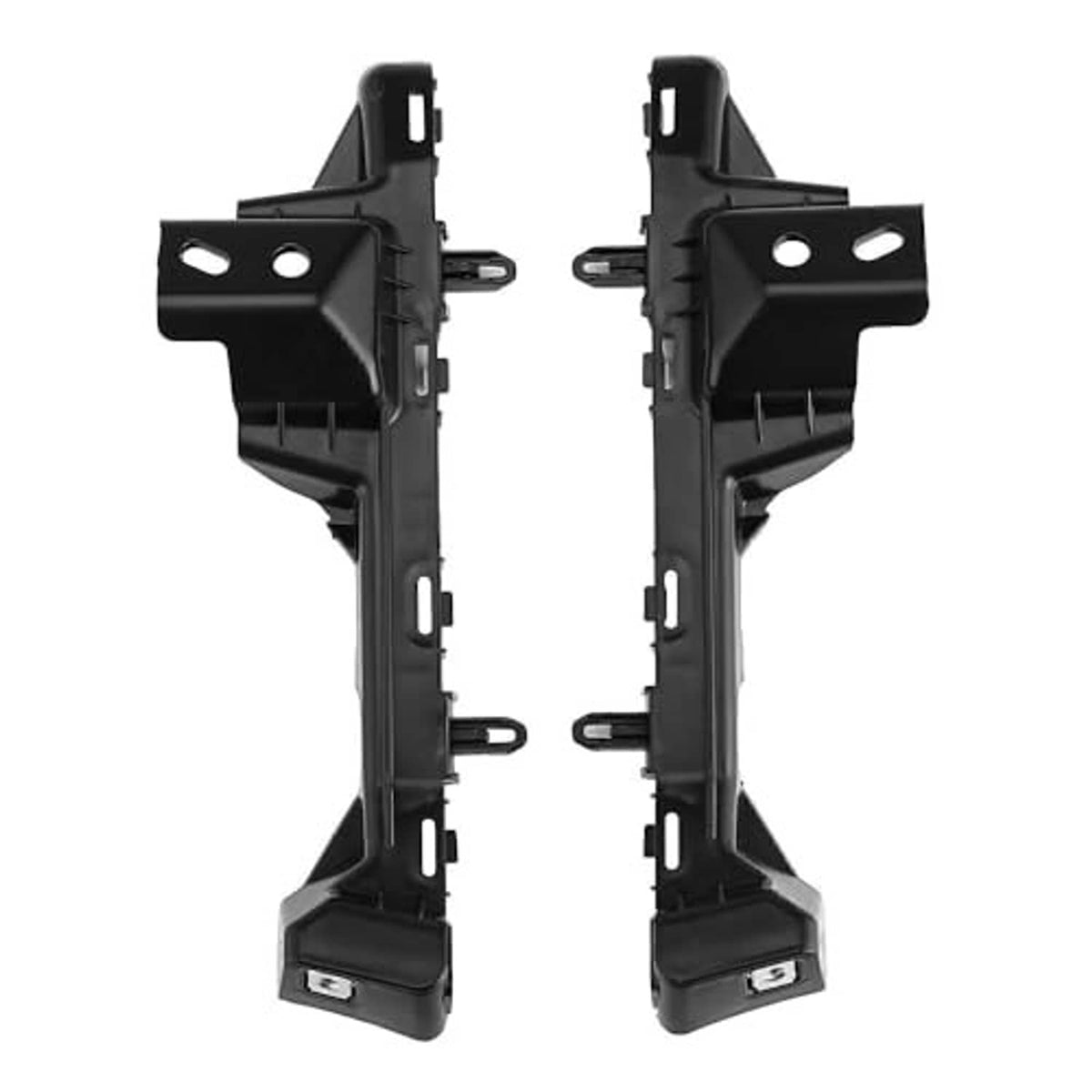 Black plastic front bumper support brackets with rectangular mounting slots