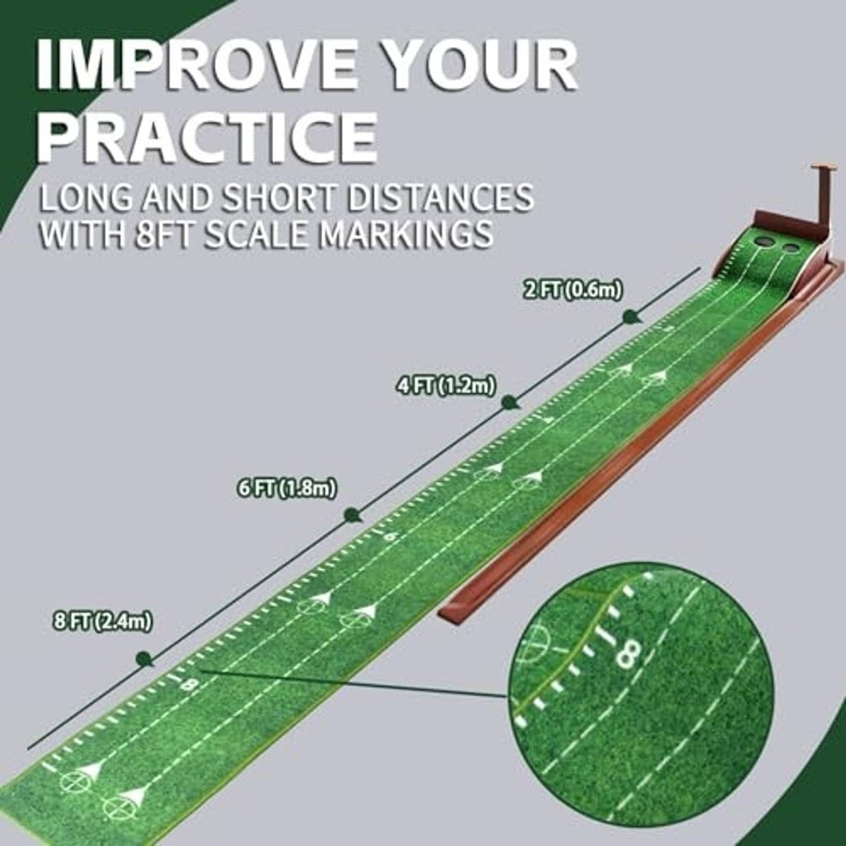 Indoor putting green mat with 8-foot scale markings and brown wooden rails