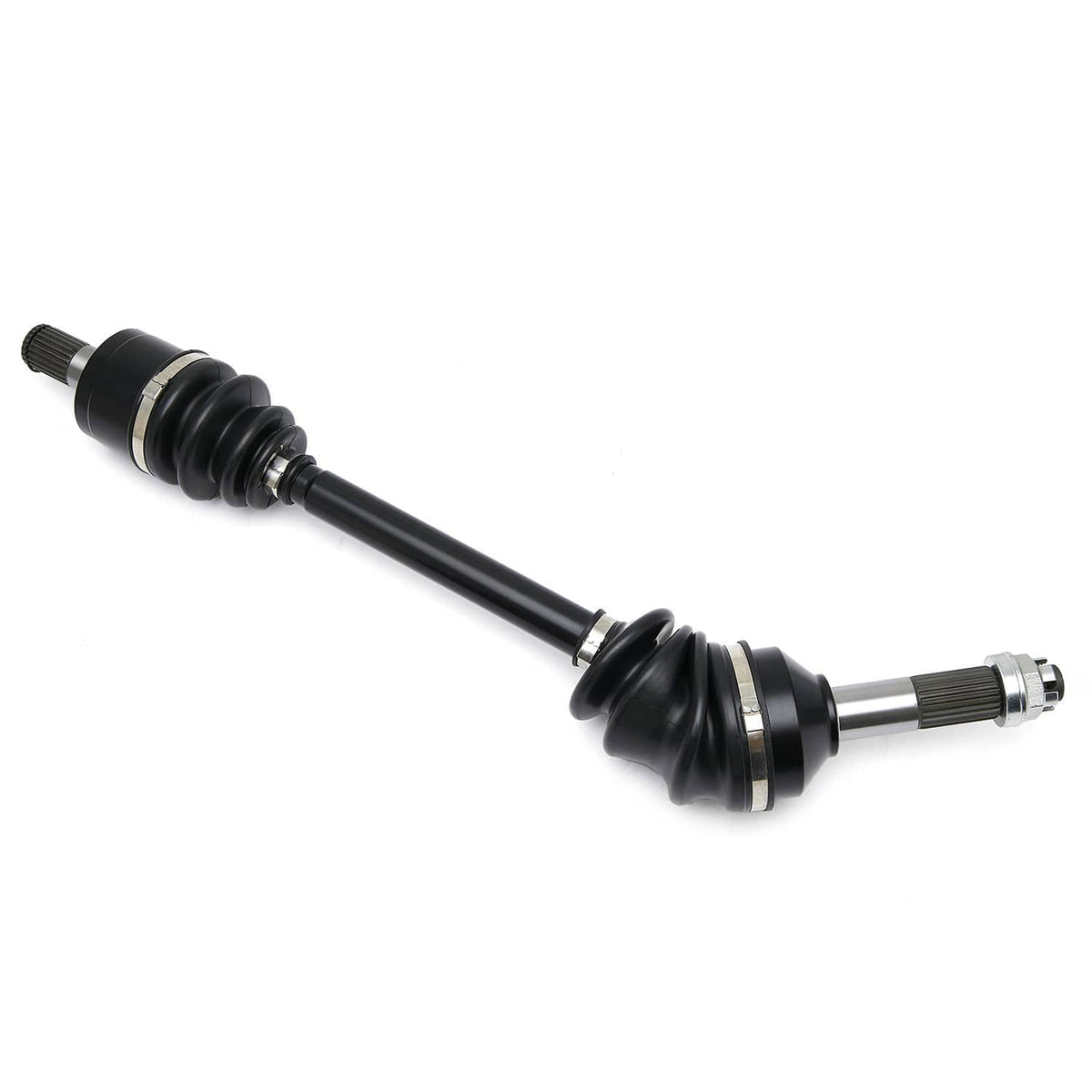 Rear CV axle shaft assembly with boots, black rubber, splined end