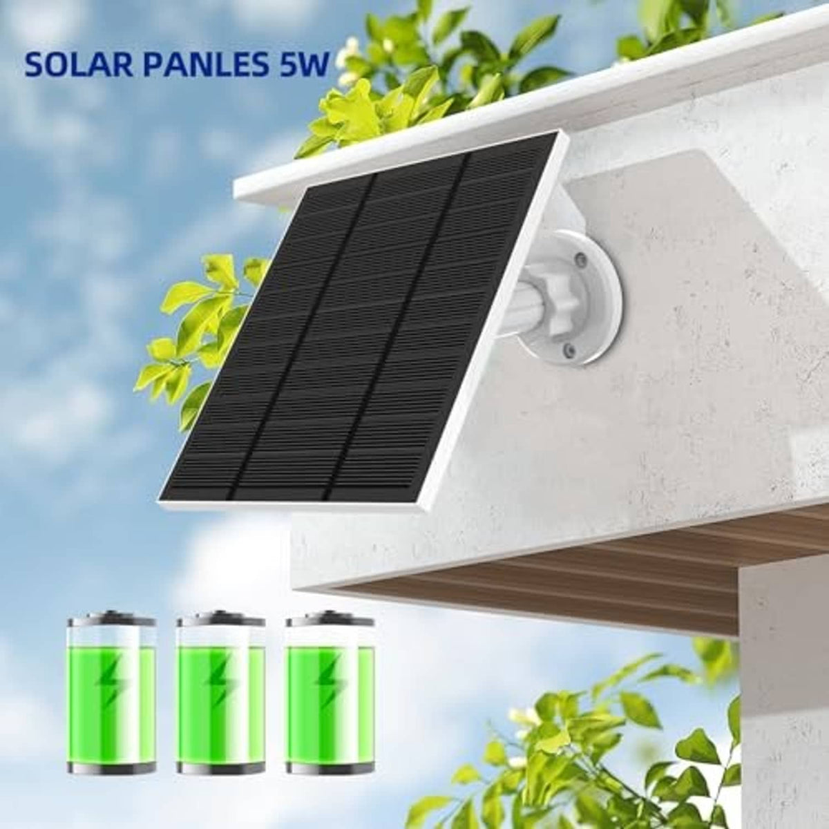 Outdoor solar panel with white wall mount bracket for camera power charging