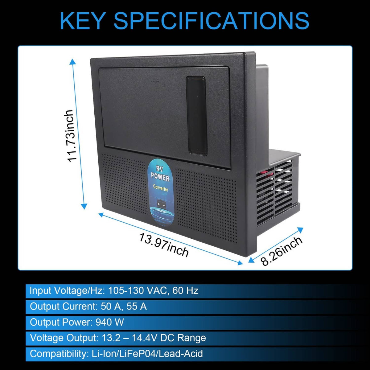 RV power converter battery charger showing front panel with display window and vents