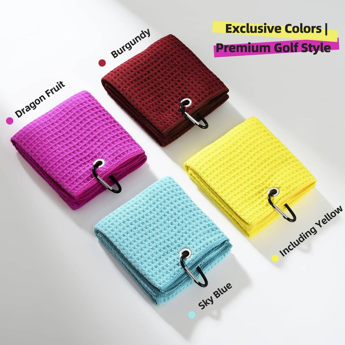 Waffle-weave microfiber golf towel with grommet and clip, magenta among set