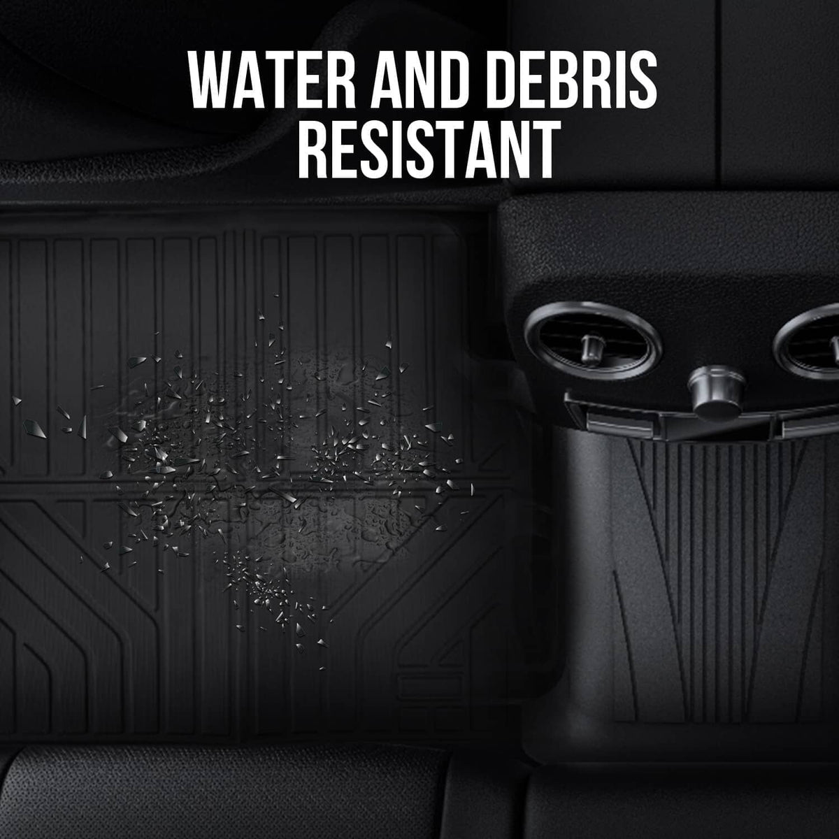 Black rubber floor mat surface with water droplets over raised channels