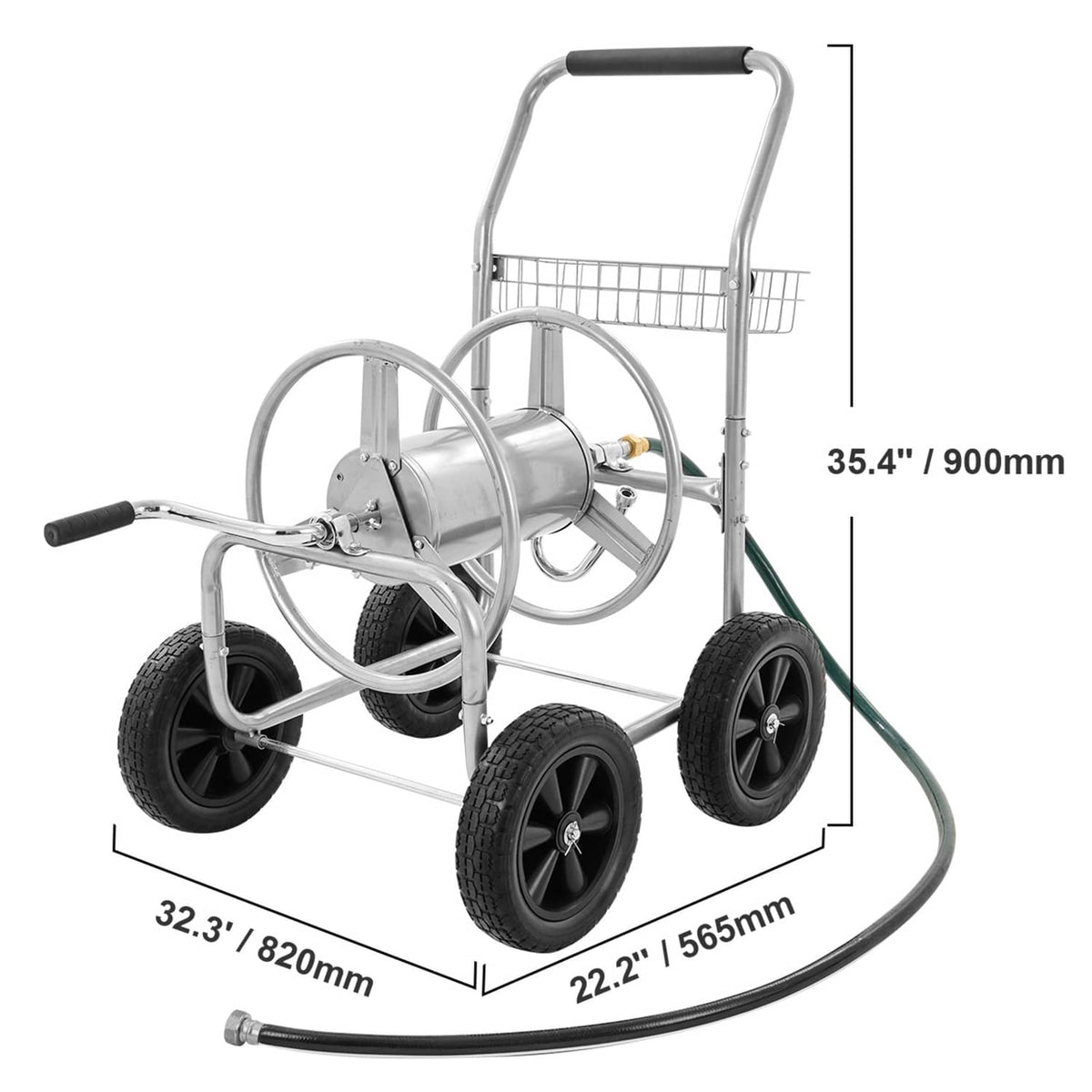 Hose reel cart shown with metal frame, basket, four wheels, and green hose