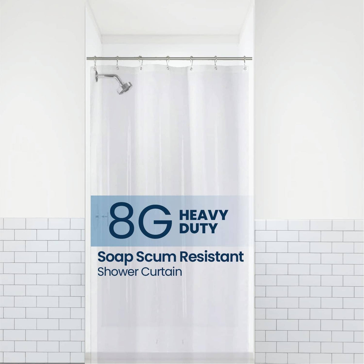 Clear PEVA shower curtain liner hanging from metal rod with top hooks