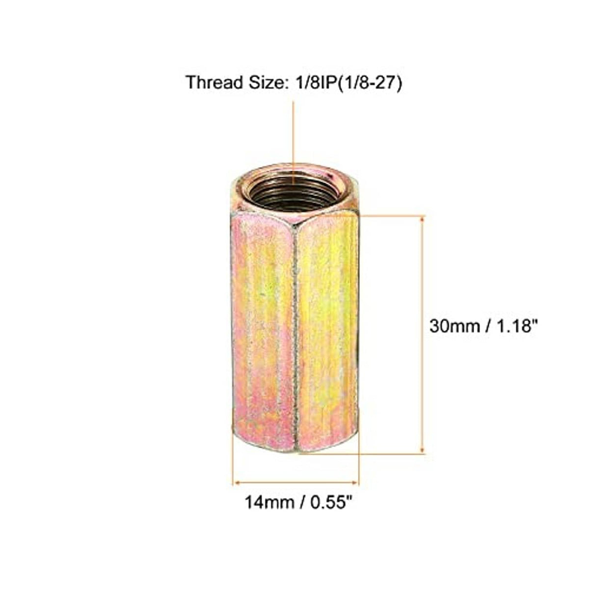 Single hex coupling nut sleeve with female thread, 30mm length, 14mm hex body