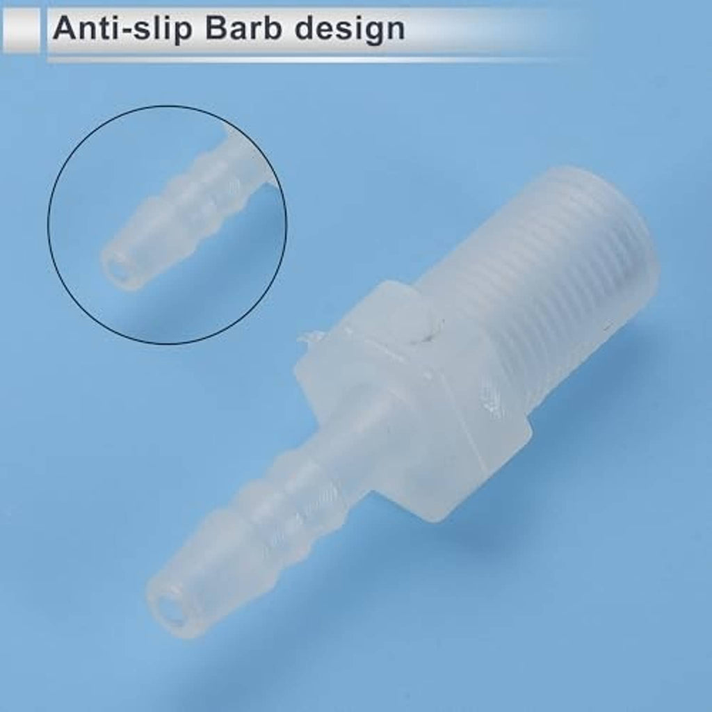 Clear plastic hose barb connector with anti-slip grip ridges
