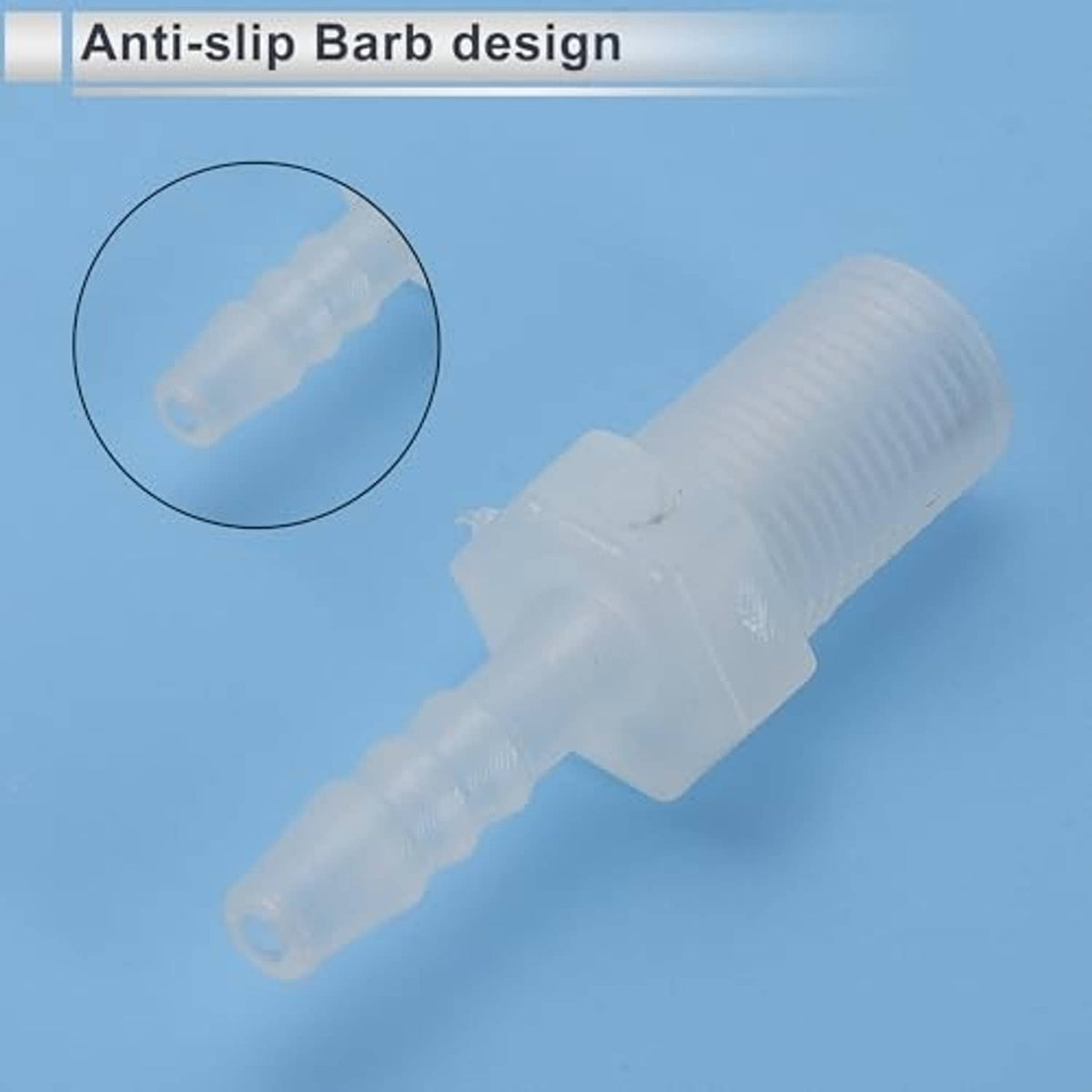 Clear plastic hose barb connector with anti-slip grip ridges