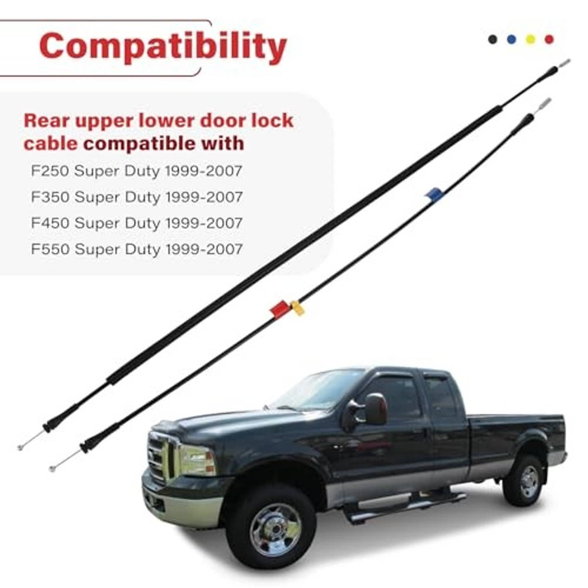 Black door lock latch cable compatibility shown with metal ends and colored connector points