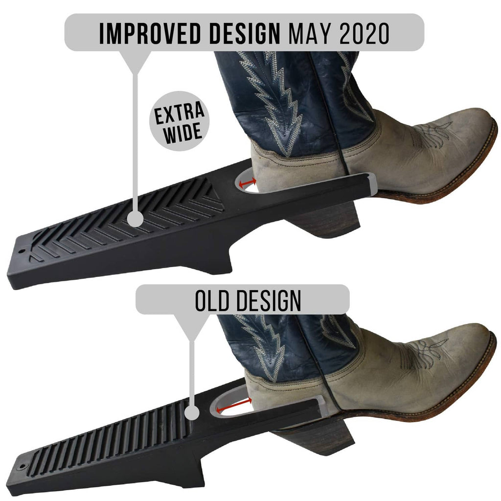 Black boot puller tool with wide foot pad and curved hook gripping a boot edge