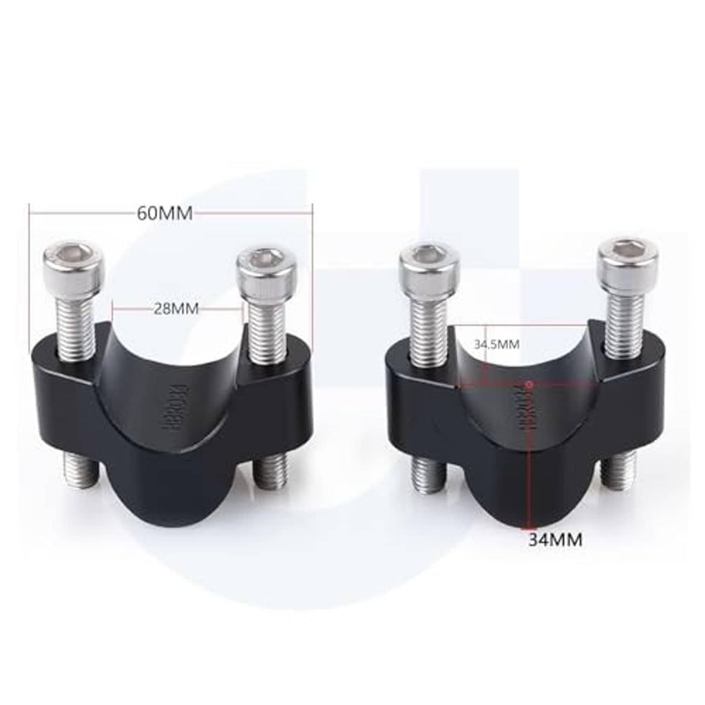 Black handlebar riser clamp brackets with four threaded bolts and size indicators