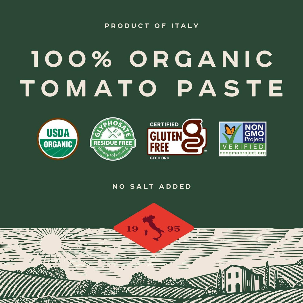 Green tomato paste label panel with organic and no salt added icons