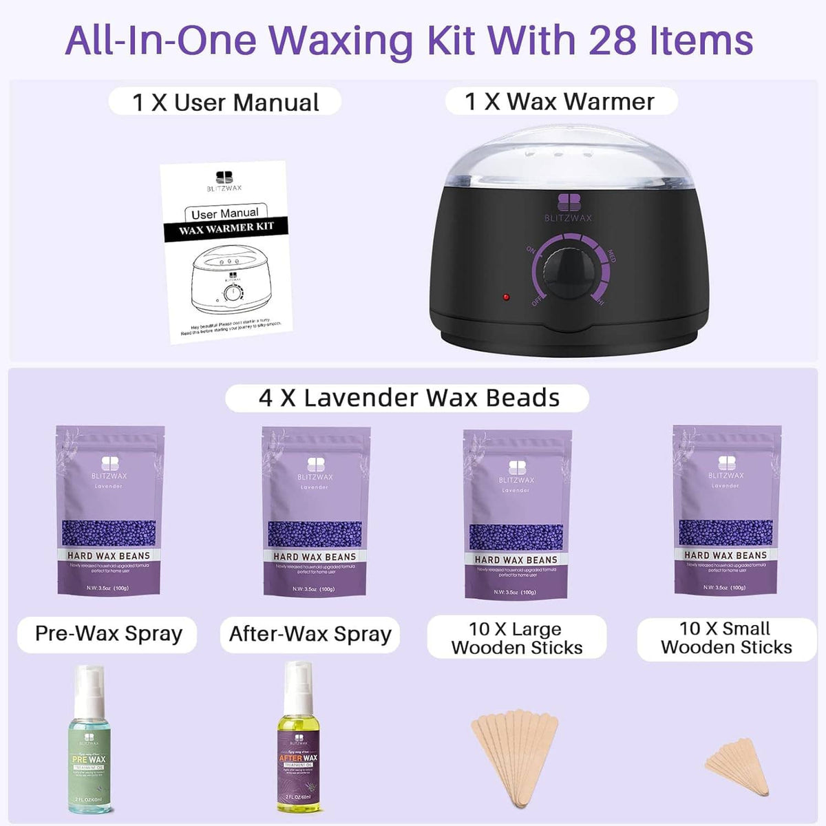 All-in-one waxing kit set: black wax warmer, manual, wax beads, sprays, and wooden sticks