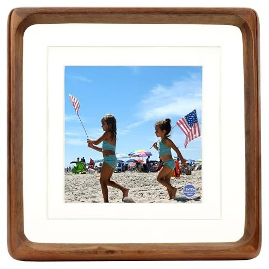 Walnut square wood picture frame with white mat and glass front, rounded corners