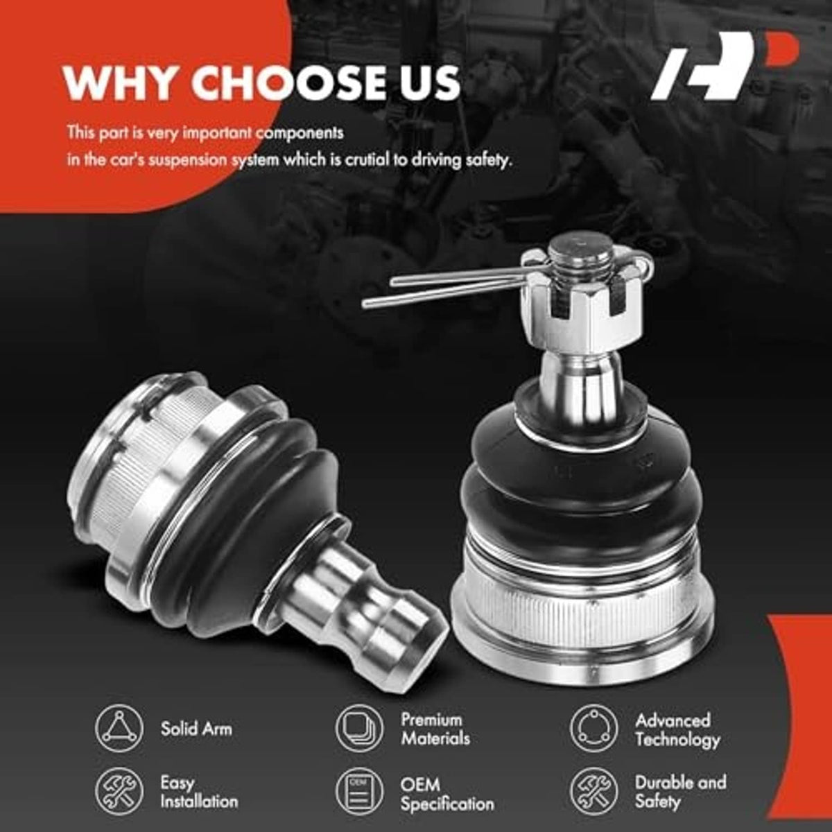 Ball joint kit components with black boots and silver ball joint housings