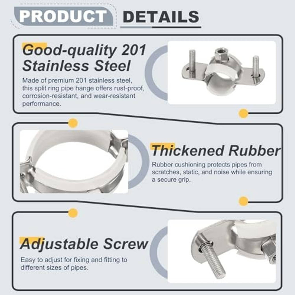 Stainless split-ring pipe hanger clamp with rubber cushioning and adjustable screws.
