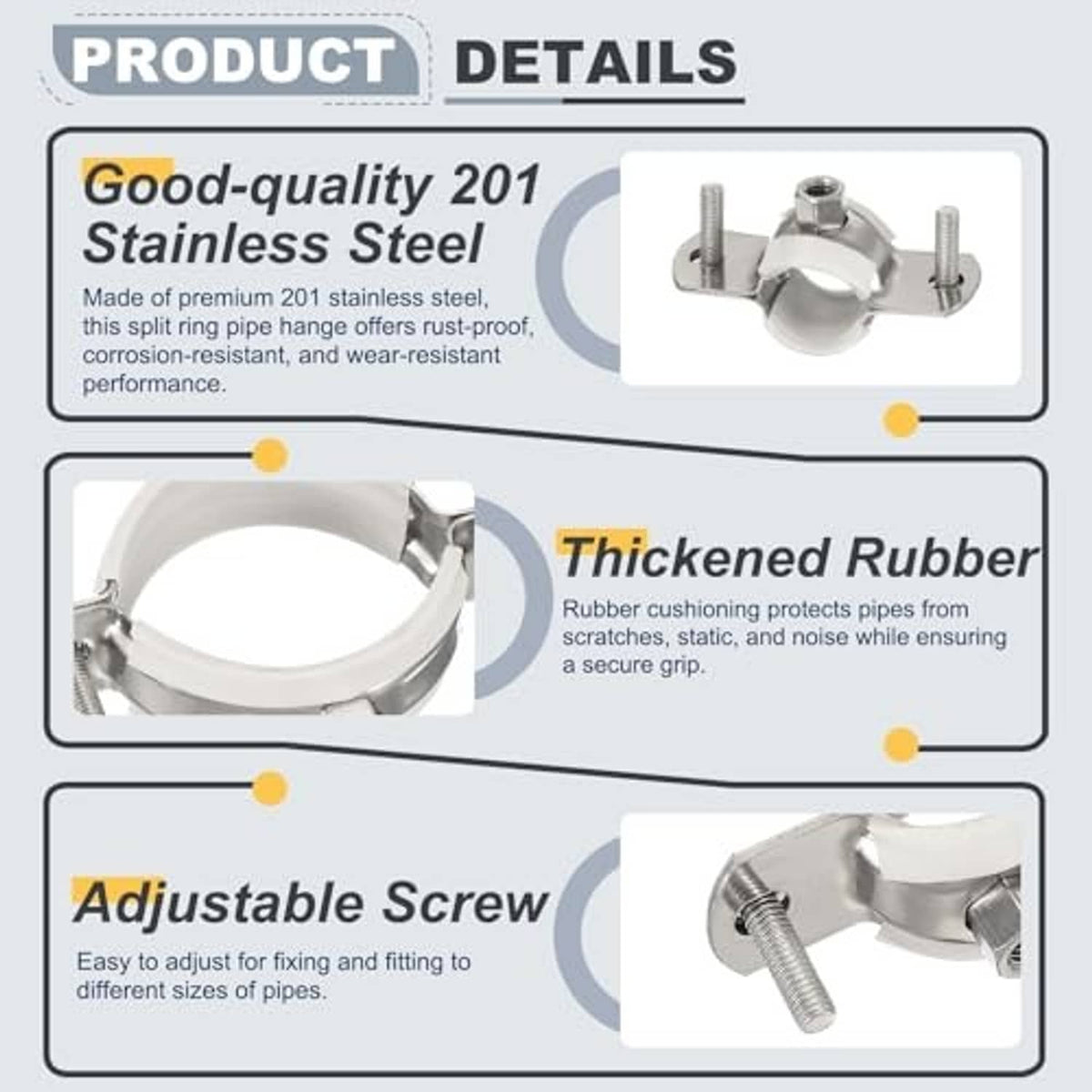 Stainless split-ring pipe hanger clamp with rubber cushioning and adjustable screws.