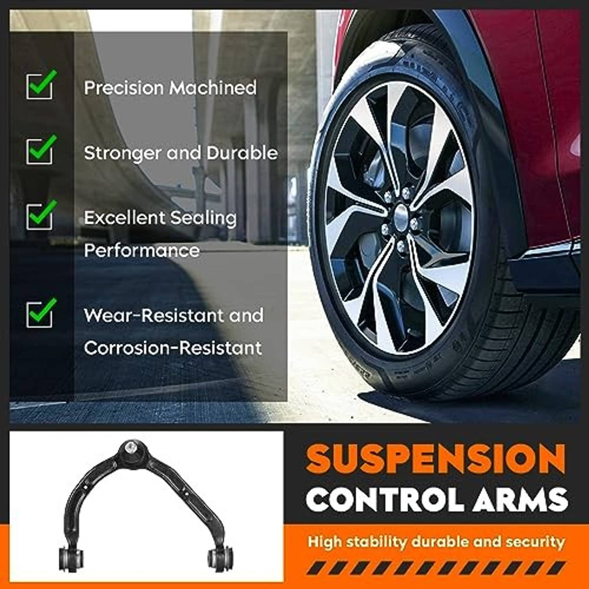 Suspension control arms kit promotional graphic with wheel and feature icons