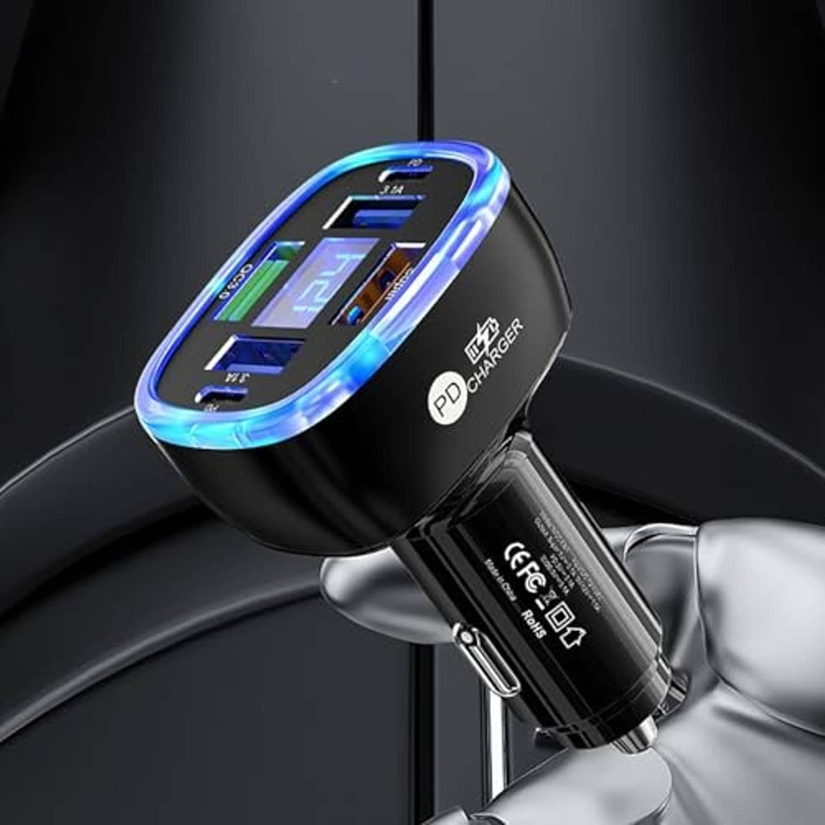 Black car charger with blue LED ring and digital display, USB-C plug