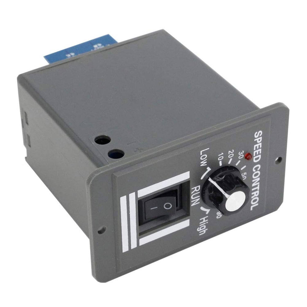 DC motor speed controller with side panel controls and front terminal access