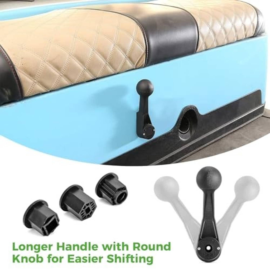 Black shifter handle lever mounted on blue golf cart body panel with knob
