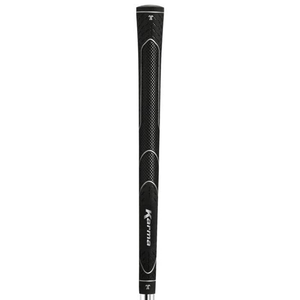 Black oversize golf grip with textured diamond pattern and branded end cap