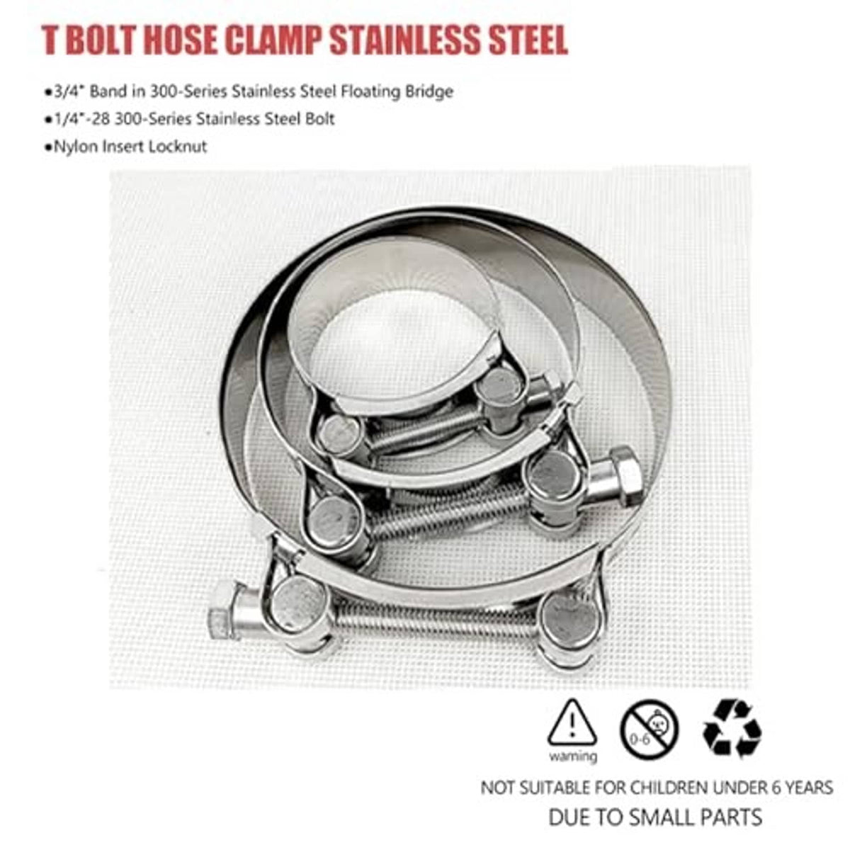 Stainless steel T-bolt hose clamp with floating bridge and nylon locknut