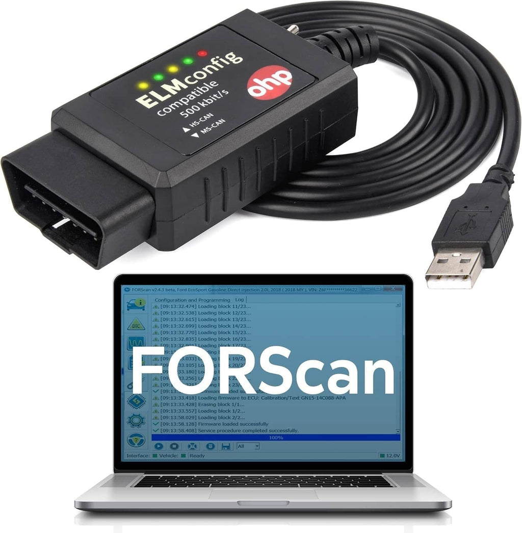 Black ELM327 OBD2 diagnostic scanner with USB cable and OBD connector