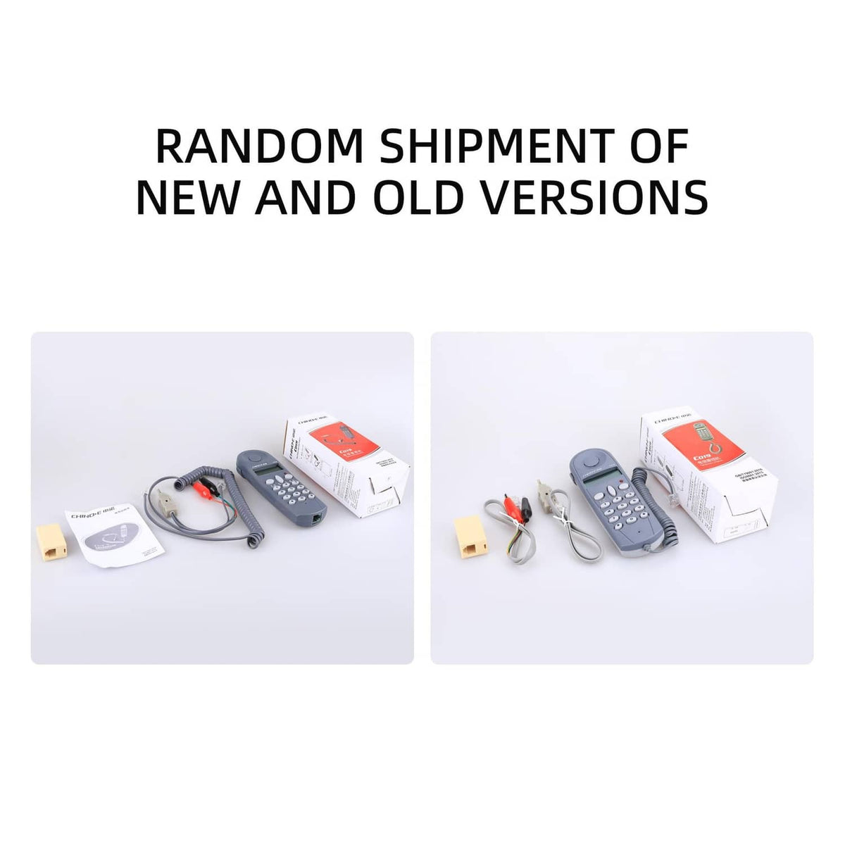 Phone line tester kit in box with device, cords, and accessories