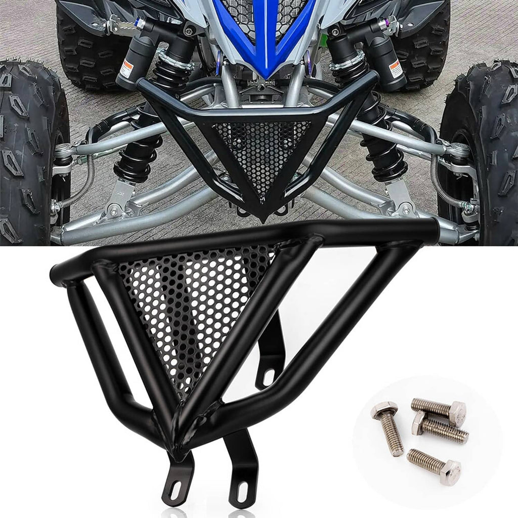 Black front bumper guard installed on ATV, showing perforated mesh and mounting brackets