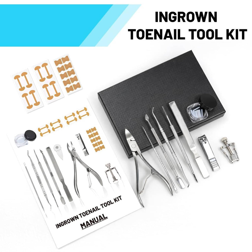 Ingrown toenail tool kit in black case with metal clipper, files and corrective pieces