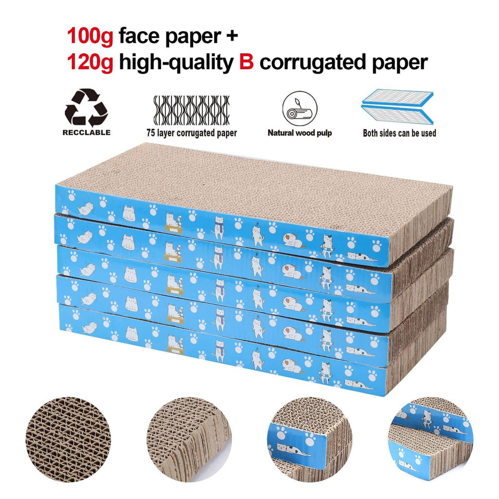 Five stacked cat scratch pads, beige corrugated cardboard with blue pet-print banding