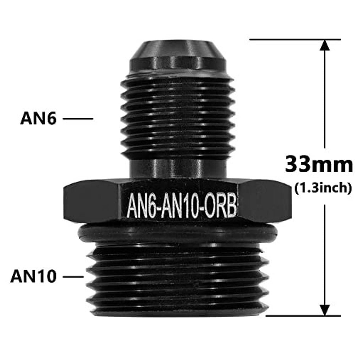AN6-AN10 ORB male flare-to-AN10 fuel fitting with hex base, about 33mm long