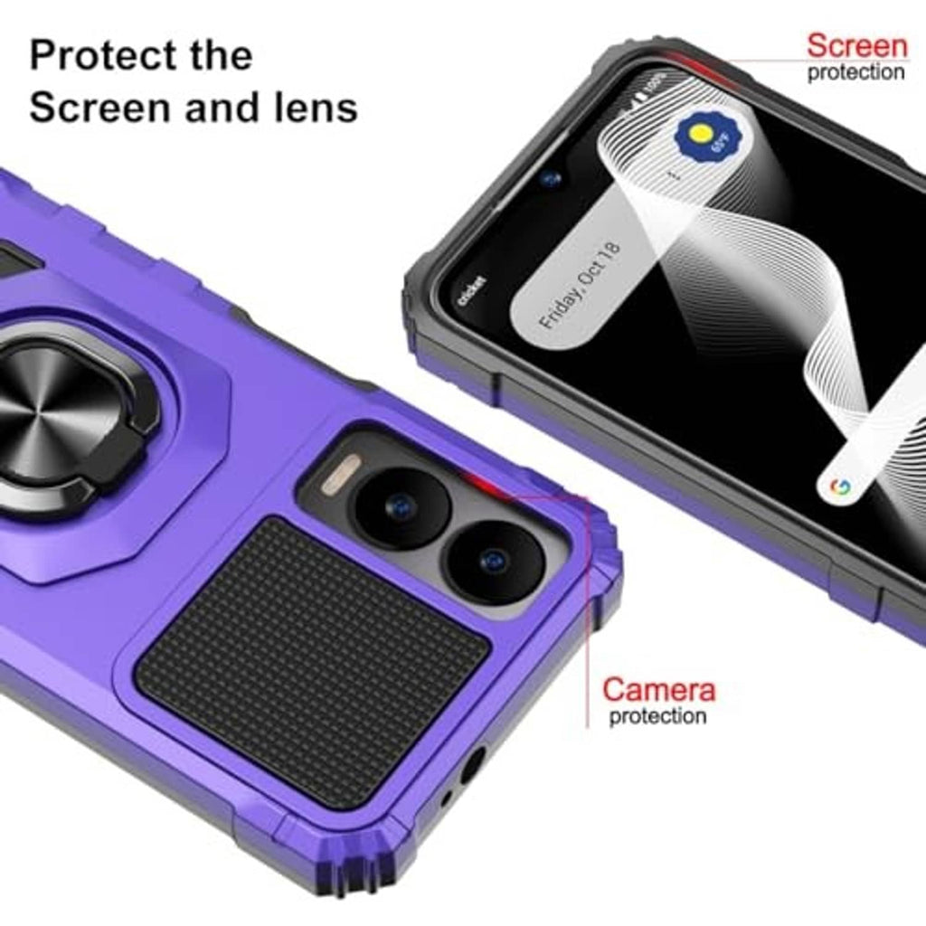 Purple rugged phone case with screen protector and camera lens protection cutouts
