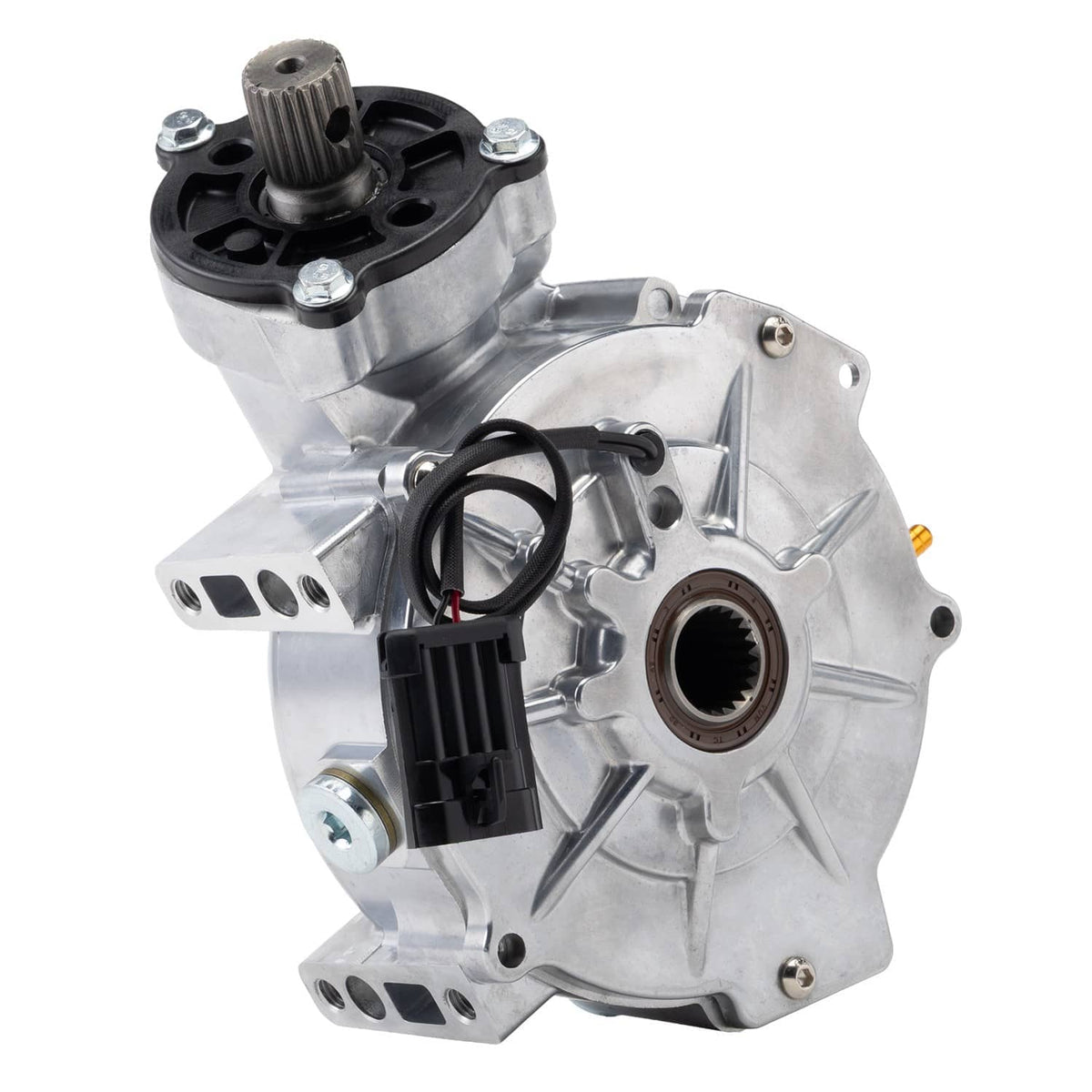 Front differential assembly with silver housing, black connector, and circular bearing opening